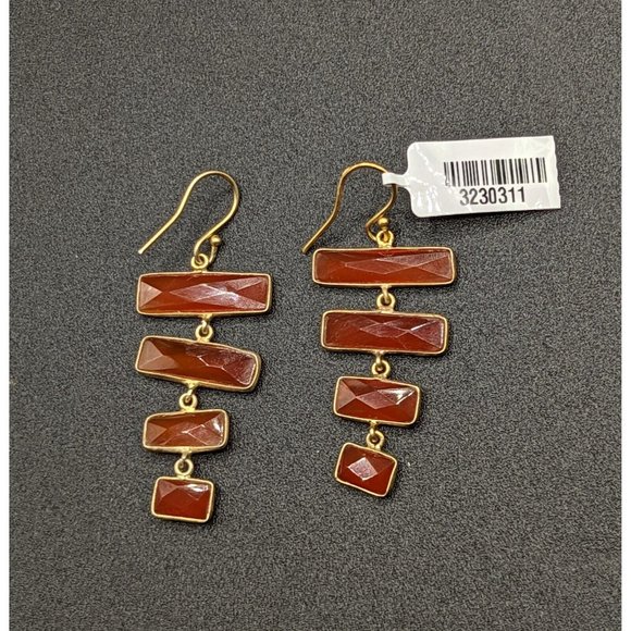 Faceted Orange Red Carnelian Gemstone Stone Dangle Gold Tone Hook Earrings - Picture 4 of 9
